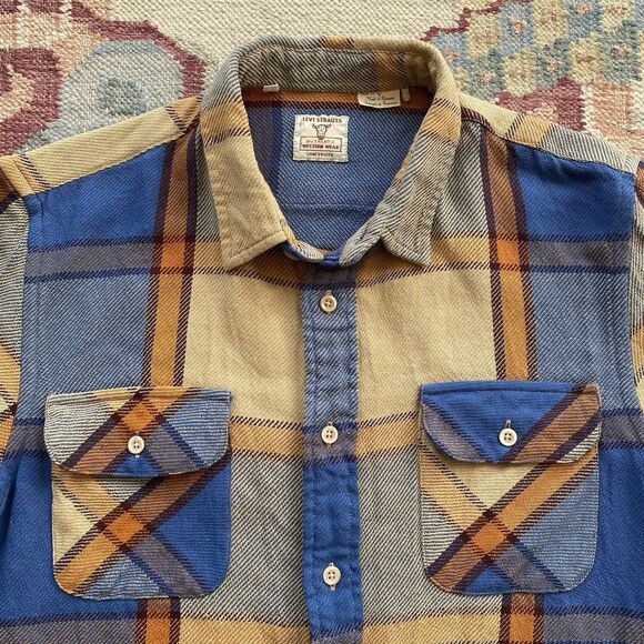 LVC Short Horn Flannel Shirt Levi's Vintage Clothing Blue Plaid Small Cotton - Picture 2 of 8